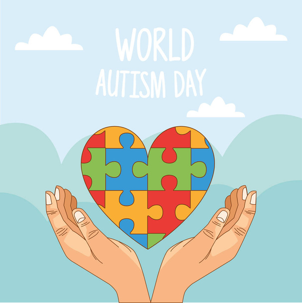 Día mundial del autismo con las manos y el corazón del rompecabezas
 - Vector, imagen