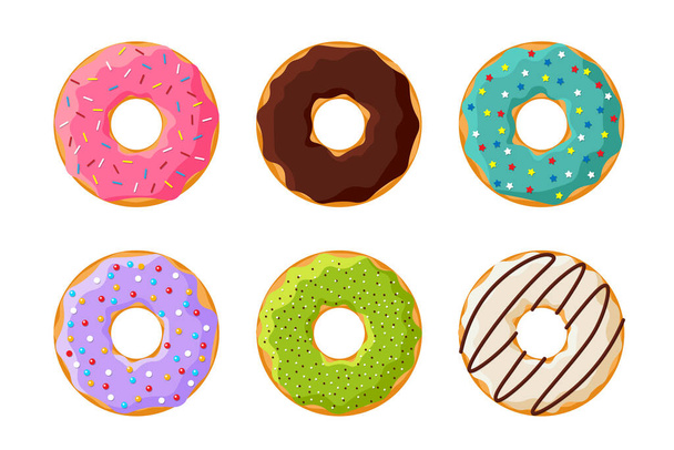 Tekenfilm kleurrijke smakelijke donut set geïsoleerd op witte achtergrond. Geglazuurde donuts bovenaanzicht collectie voor taart cafe decoratie of menu ontwerp. Vector platte illustratie - Vector, afbeelding