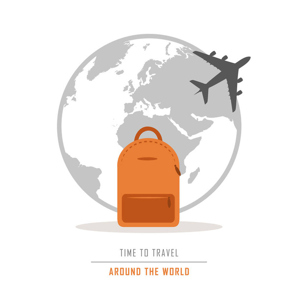 time to travel around the world with backpack and plane - Vector, Image