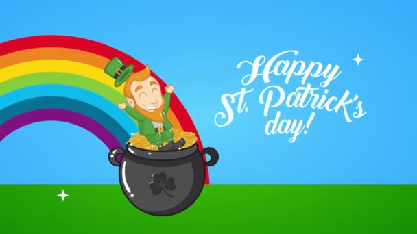 st patricks day animated card with elf and coins in rainbow - Felvétel, videó