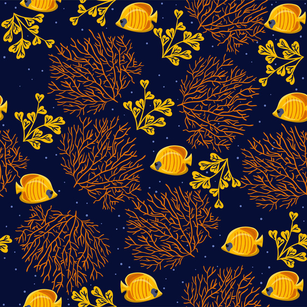Безшовний візерунок з коралами, рибою і водоростями. Векторне зображення
 - Вектор, зображення