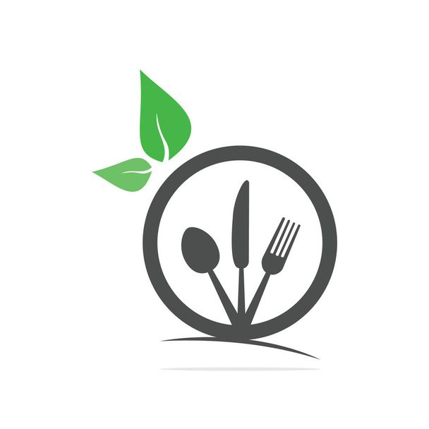 Šablona loga čerstvého jídla. Šablona loga pro ekologické potraviny. Logo ekologické stravy s vektorem šablony lžíce, vidličky a nože. - Vektor, obrázek