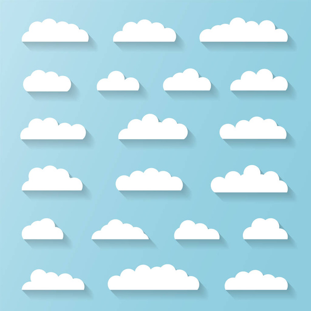 Set di nuvole bianche su sfondo blu. Illustrazione vettoriale. Collezione nuvola elemento grafico per Web, App design. Natura piatta paesaggio nuvoloso Simboli meteo
 - Vettoriali, immagini