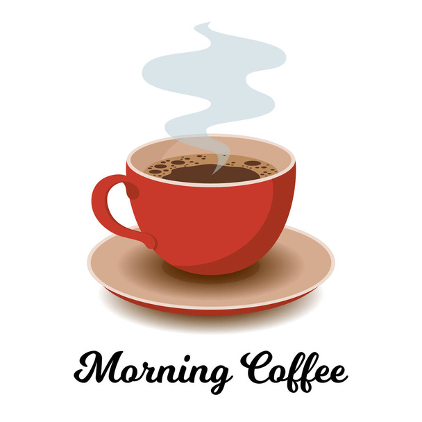 Ochtend koffie kaart met een kopje verse koffie. Vector illustratie. Platte stijl. Decoratief ontwerp voor cafetaria, posters, banners, kaarten - Vector, afbeelding