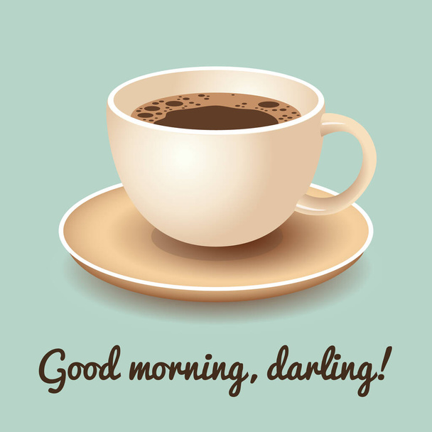 Утренняя кофейная карта с чашкой свежего кофе. Векторная иллюстрация. Плоский стиль. Декоративный дизайн для кафе, плакатов, баннеров, карточек
 - Вектор,изображение