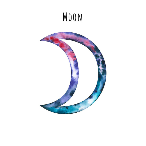 Ay 'ın suluboya sembolü. El çizimi beyaza izole edilmiş. Astrolojik işaret astrolog blogu, yıldız falı, astronomi tasarımı, kozmik kart için mükemmel. - Fotoğraf, Görsel
