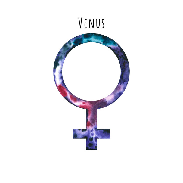 Watercolor symbol of Venus. Hand drawn illustration is isolated on white. Astrological sign is perfect for astrologer blog, horoscope background, astronomy design, cosmic card - Photo, Image