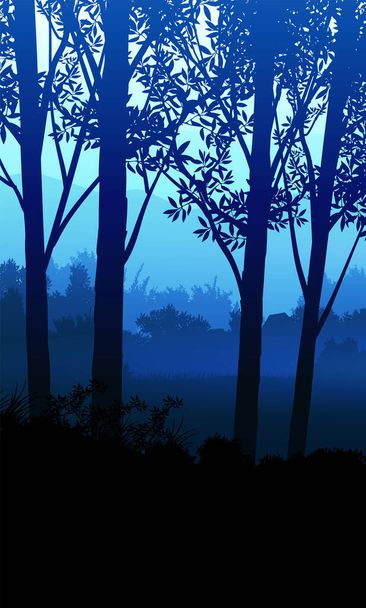 Alberi forestali naturali montagne orizzonte colline silhouette di alberi e colline la sera Alba e tramonto Paesaggio carta da parati Illustrazione stile vettoriale Vista colorata sfondo
 - Vettoriali, immagini