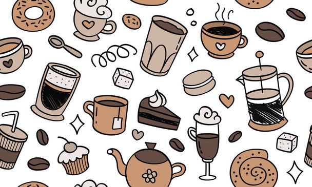 Krásný vzor bezešvé kofeinu. Přírodní káva, dezerty, pečivo, šálek, čaj, ručně kreslený styl retro. Vektorové dekorativní roztomilé elegantní ilustrace izolované bílé pozadí - Vektor, obrázek