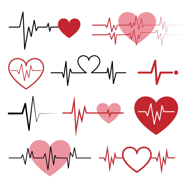 Kardiogram ikonok elszigetelve White-on. Vektor illusztráció. Lapos stílus. Egyszerű ikonok orvosi, kórház, kardio, egészségügyi, szív, szerelem, ajándék, kardiogram a szerelem dekoratív tervezés. - Vektor, kép