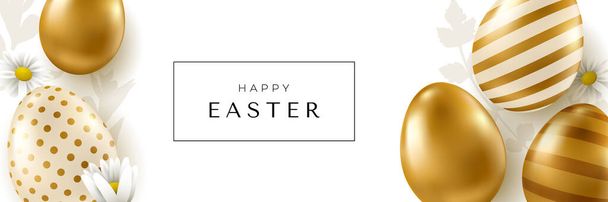 Easter banner. Realistic vector golden eggs on white background. Easter design elements. - ベクター画像