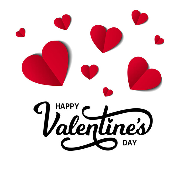 Happy Valentine s Day Card with Text and Hearts. Vector Illustration. Trendy Paper Cut Style. Beautiful Holiday Greeting Decorative Design. - ベクター画像