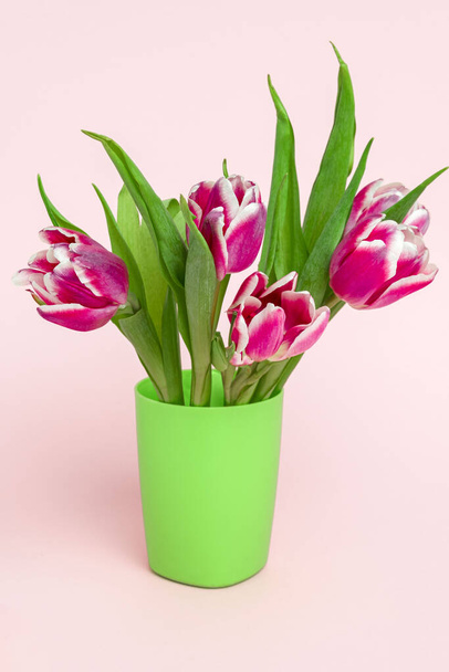 fresh garden pink tulips on a soft pink background - Zdjęcie, obraz