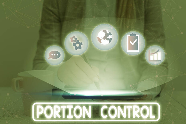 Üzenet, ami Portion Control-t mutatja. Fogalmi fotó ismerve a helyes intézkedések vagy adagolási méretek szerint kalória. - Fotó, kép