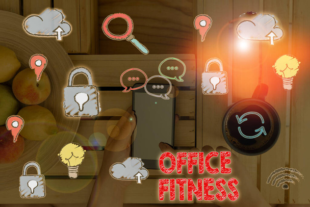 Textschreiben Büro Fitness. Geschäftskonzept zur Förderung von Fitness und Balance am Arbeitsplatz. - Foto, Bild