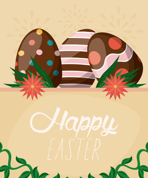 szczęśliwa kartka wielkanocna z napisem i pomalowanymi jajkami - Wektor, obraz