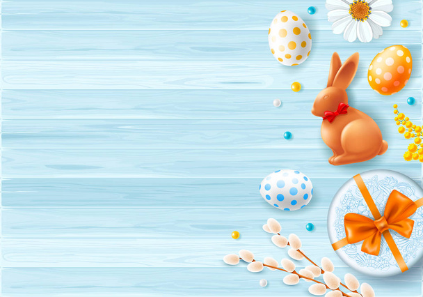 Χαρούμενο πασχαλινό πανό με πολύχρωμα αυγά, κλαδιά ιτιάς, λουλούδια και πασχαλινό λαγουδάκι σοκολάτας. Ξύλινες σανίδες. Διαφημίστε και shopping banner πρότυπο για την ημέρα του Πάσχα. Εικονογράφηση διανύσματος. - Διάνυσμα, εικόνα