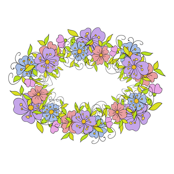 Floral wreath made of small decorative flowers in folk style. Botanical hand drawn illustration for design greeting cards Valentines day and weddings - Vector, Image