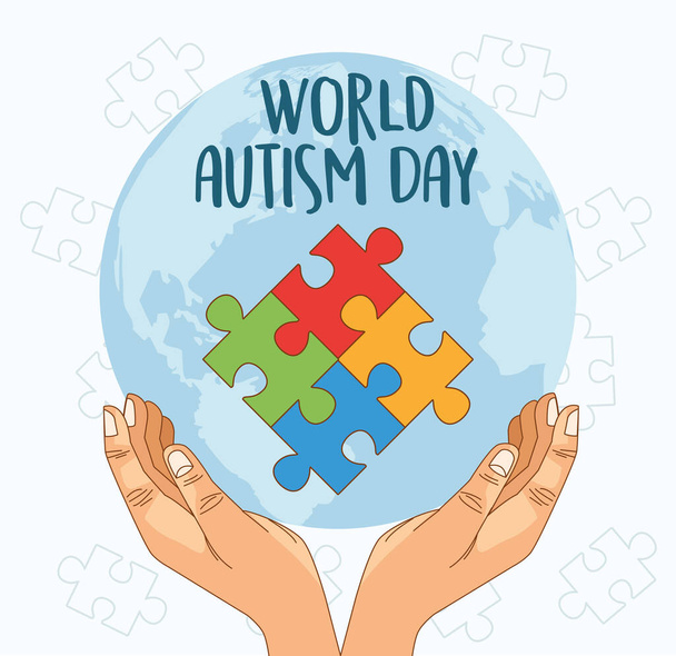 Всесвітній день аутизму з руками граючи головоломку
 - Вектор, зображення