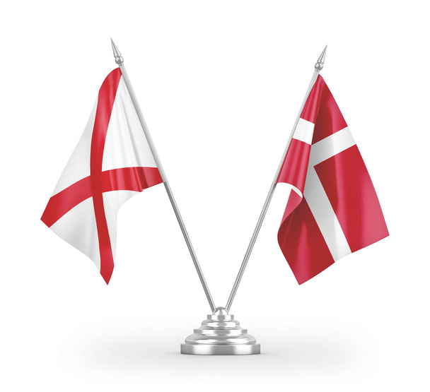Danimarka ve Kuzey İrlanda masa bayrakları beyaz arka planda izole edilmiş 3D görüntüleme  - Fotoğraf, Görsel