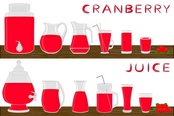 Big kit different types glassware, cranberry in jugs various size. Glassware consisting of organic plastic jugs for fluid cranberry. Jugs of bright cranberry it glassware standing on wooden table. - Vector, Image