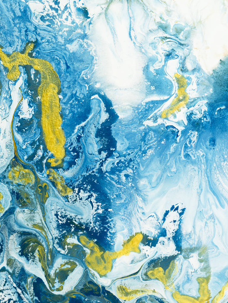 Abstract art blue with gold painting, creative hand painted background, marble texture, fragment of acrylic painting on canvas liquid artwork, abstract ocean. Modern art. Contemporary art. - 写真・画像