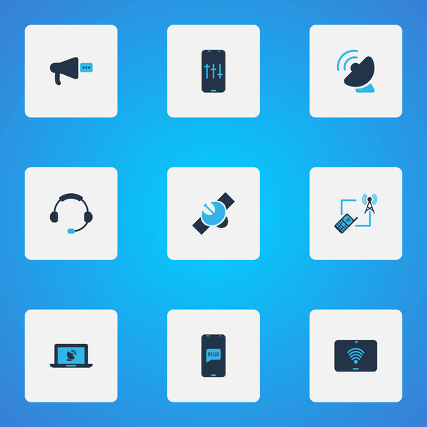 Verbindungssymbole farbiges Set mit Online-Kommunikation, Audio-Anpassung, Tablet-Wifi und anderen Headset-Elementen. Isolierte Vektor-Illustration Verbindungssymbole. - Vektor, Bild