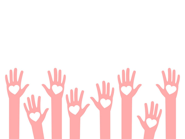 Egy csoport kéz felemelt szívvel az égre, sokszínű kezekkel a tetejére. Önkéntes kéz, modern lapos vektor illusztráció. - Vektor, kép