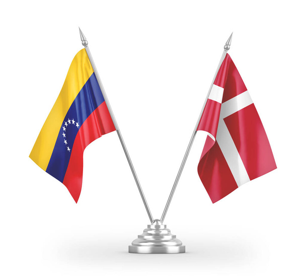 デンマークとベネズエラのテーブルフラグは、白い背景3Dレンダリングに分離  - 写真・画像