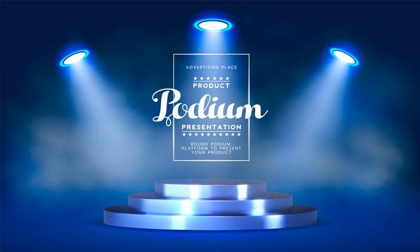 Round podium, pedestal or platform, illuminated by led spotlights. Vector illustration. Bright podium. Advertising place. Blank product stand background for product presentation - Vector, Image