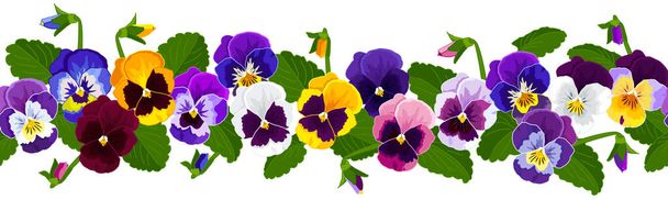 国境の花パンジー、花は黄色、紫、青、ライラック、白、葉。装飾のためのシームレスな花の境界。ベクトル画像. - ベクター画像