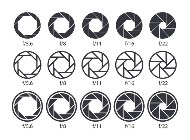 Conjunto de ícones de abertura. Diafragma da lente do valor da câmera e ícones do obturador. Vetor
 - Vetor, Imagem