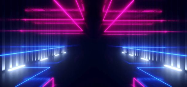 Sci Fi Neon Laser Lijnen Gloeiende Sci Fi Futuristische Cyber Purple Blue Levendige Virtual Spaceship Tunnel Corridor Dark Night Showroom Garage Ondergrondse 3D Rendering illustratie - Foto, afbeelding