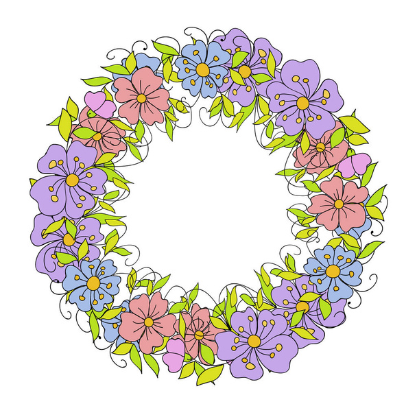 Floral wreath made of small decorative flowers in folk style. Botanical hand drawn illustration for design greeting cards Valentines day and weddings - Vecteur, image