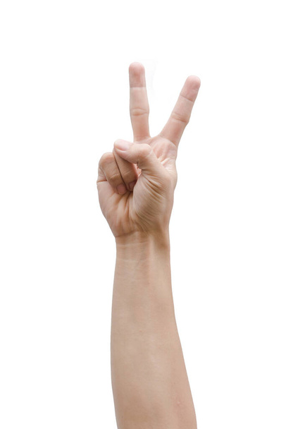 рука людини, що показує два рахунки ізольовані на білому з відсічним контуром
.  - Фото, зображення