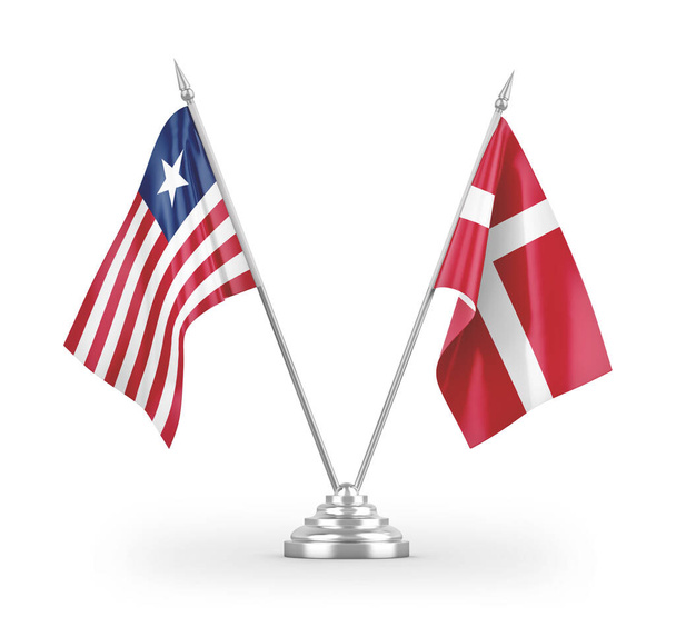 Dänemark und Liberia Tischfahnen isoliert auf weißem Hintergrund 3D-Rendering  - Foto, Bild