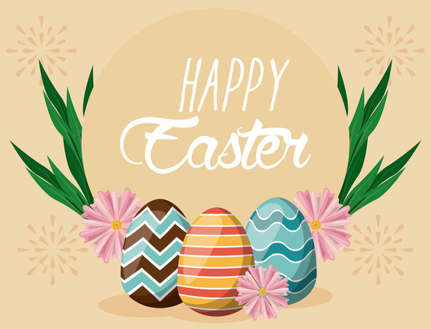 tarjeta de Pascua feliz con letras y huevos pintados
 - Vector, Imagen
