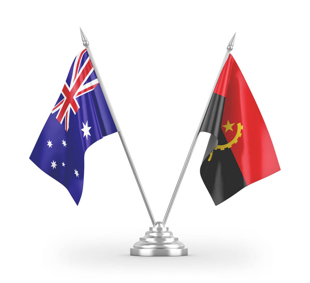 Angola en Australië tafelvlaggen geïsoleerd op witte achtergrond 3d rendering - Foto, afbeelding