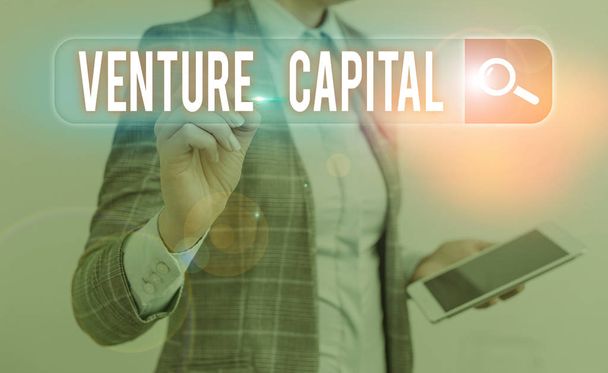 Psaní textu Venture Capital. Koncept znamená kapitál investovaný do projektu, v němž existuje riziko. - Fotografie, Obrázek