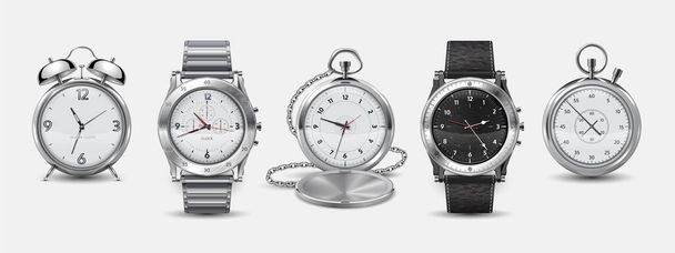 Realistické hodinky. 3D čtvercové a kulaté nástěnné hodiny, náramkové hodinky, budík a chronometr s kovovými a plastovými rámy a ciferníky. Sada vektorů - Vektor, obrázek