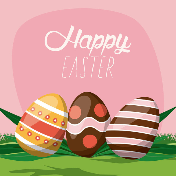 tarjeta de Pascua feliz con letras y huevos pintados en el campo
 - Vector, Imagen