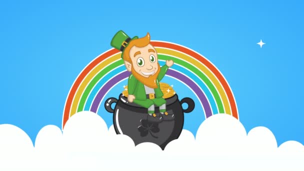 st patricks day animated card with elf and cauldron treasure in rainbow - Materiał filmowy, wideo