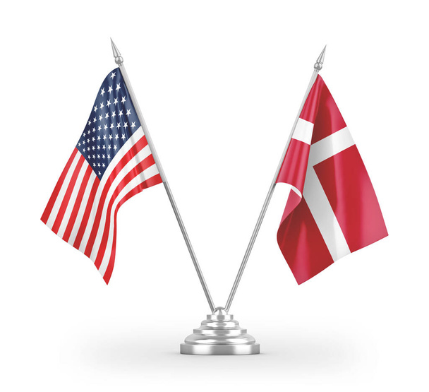 Σημαίες πίνακα της Δανίας και των Ηνωμένων Πολιτειών απομονώνονται σε λευκό φόντο 3d απόδοση  - Φωτογραφία, εικόνα