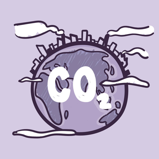 Earth globe suffering under climate change or Global Warming, CO2. Hand drawn doodle cartoon.  - Vector, Imagen