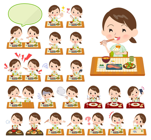 Egy sor rövid ujjú iskolás lány az ételekről.Japán és kínai konyha, nyugati stílusú ételek és így tovább.Ez vektorművészet, így könnyen szerkeszthető - Vektor, kép