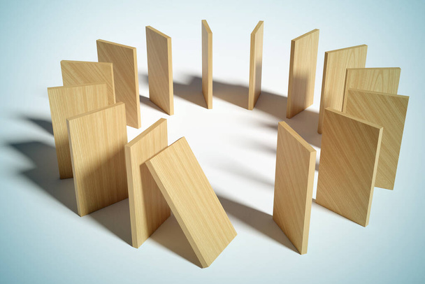 Concetto effetto domino con pezzi in legno - rendering 3d
 - Foto, immagini