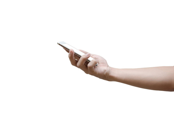 Elszigetelt női kéz kezében egy telefon fehér képernyő vágási útvonal, mock-up okostelefon - Fotó, kép