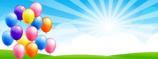 3D группа реалистичный красочный воздушный шар, векторная иллюстрация празднование воздушный шар с копировальным пространством, с облаком солнечных лучей голубое небо и луг поле, На годовщину, день рождения, детский стиль шаблон
 - Вектор,изображение