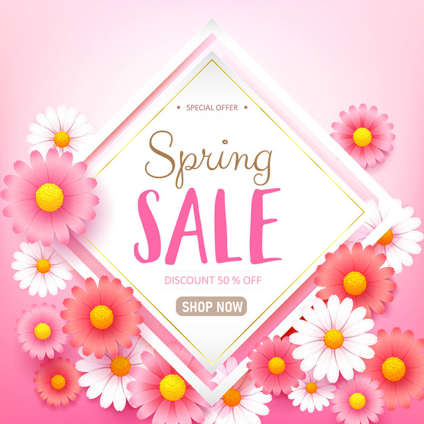 Spring sale text paper background with beautiful colorful flowers. Template for banners, Wallpaper, flyers, invitation, posters, brochure, and voucher discount. Vector illustration - Vektori, kuva