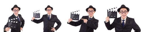 Funny man in elegant suit with movie clapboard isolated on white - Photo, Image